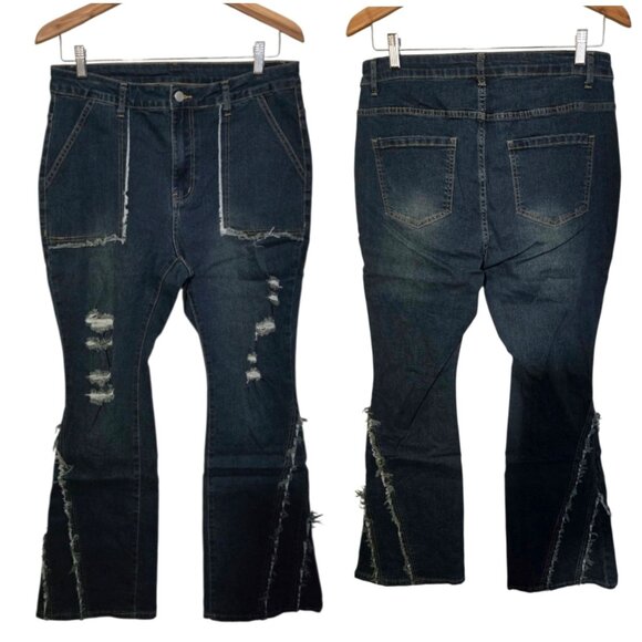 Shein 0XL Distressed Dark Denim Flares - Picture 1 of 11